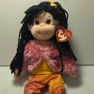 Ty Beanie Boppers Plush Darling Debbie Doll w Pink Fuzzy Jacket and Black Hair